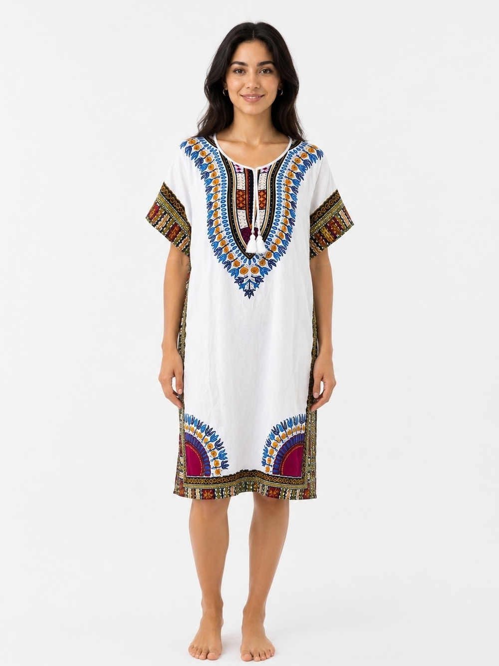 White Kaftan Swim Cover-Up drrss with Blue & Pink Accents Women's L